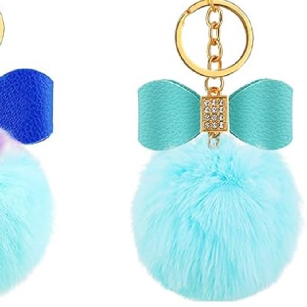 Teal Bow Keychain with Teal Fluffy Pom Pom